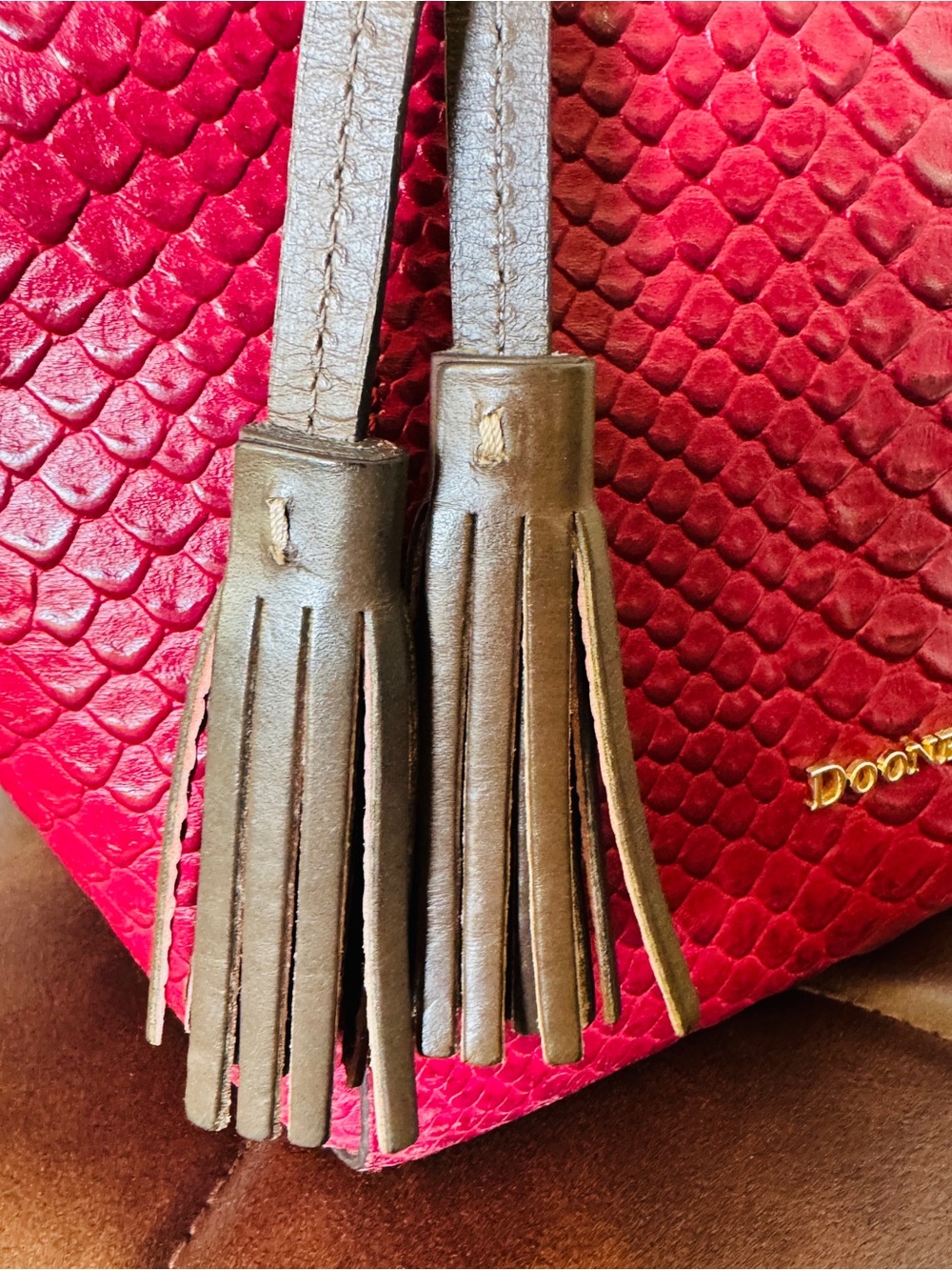 Dooney & Bourke Python Embossed Leather Tassel Tote Raspberry Brown Large - Picture 8 of 15